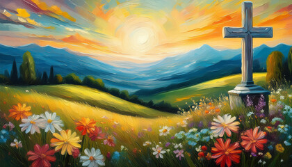 Vibrant sunrise landscape with cross on hill, blossoming flowers, scenic nature. Faith and religion
