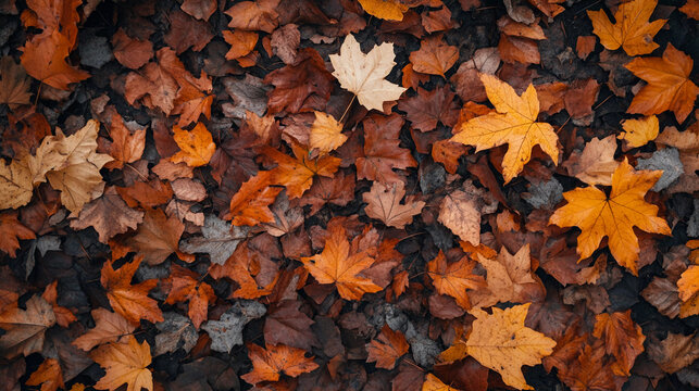 Autumn forest background with fallen leaves on the ground.