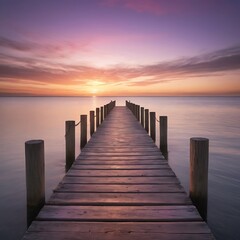 Obraz premium A weathered wooden pier jutting out into a calm ocean at sunset. The warm light of the setting sun casts a golden glow on the water and the pier, and the sky is ablaze with vibrant colors