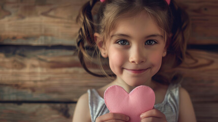 A photograph of a young girl holding a pink heart, smiling, pigtails, close-up view