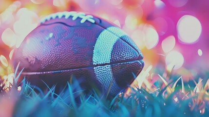 A close-up of a leather football resting on grass, surrounded by vibrant, out-of-focus lights in...