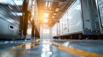 Fototapeta premium Modern warehouse with large white trucks lined up, illuminated by bright overhead lights, reflecting off the polished concrete floor.