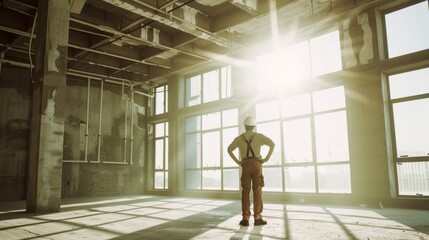 A construction worker stands hands on hips in a sunlit, open space, pausing to survey his progress in a large, unfinished building.