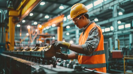 A factory worker in a hard hat and safety vest attentively assembles components with glowing machinery in the background.