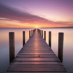 A weathered wooden pier jutting out into a calm ocean at sunset. The warm light of the setting sun casts a golden glow on the water and the pier, and the sky is ablaze with vibrant colors