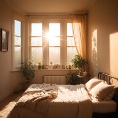 a cozy bedroom bathed in the warm glow of morning sunlight. Sunlight streams through a window