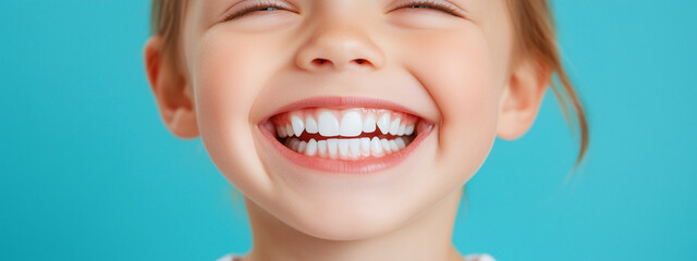Fototapeta premium Close up of a beautiful little child's smile with white teeth on a blue background. Header image with space for text.