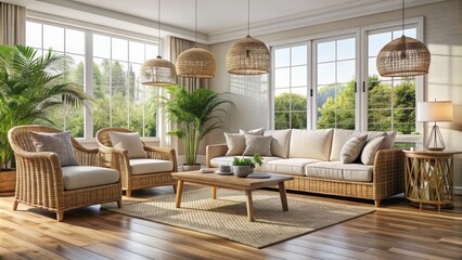 Fototapeta premium Stylish living room interior with wicker chairs, comfortable sofa, and table, stylish, living room, interior