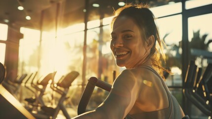 A young woman smiling on a gym bike, captured in warm, glowing light with fitness equipment in the background, suggesting energy and positivity.