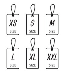 Cloth labels with size for apparel, brand tags S, L, M, XL symbols, textile badges with seams and fabric texture. Clothing isolated on white background Realistic vector illustration in eps 10.