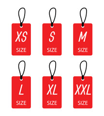 Cloth labels with size for apparel, brand tags S, L, M, XL symbols, textile badges with seams and fabric texture. Clothing isolated on white background Realistic vector illustration in eps 10.