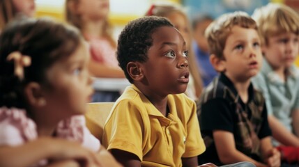 Fototapeta premium A group of attentive children sit in a classroom, their faces filled with curiosity and engagement.