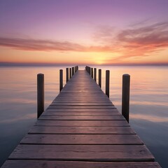 Fototapeta premium A weathered wooden pier jutting out into a calm ocean at sunset. The warm light of the setting sun casts a golden glow on the water and the pier, and the sky is ablaze with vibrant colors