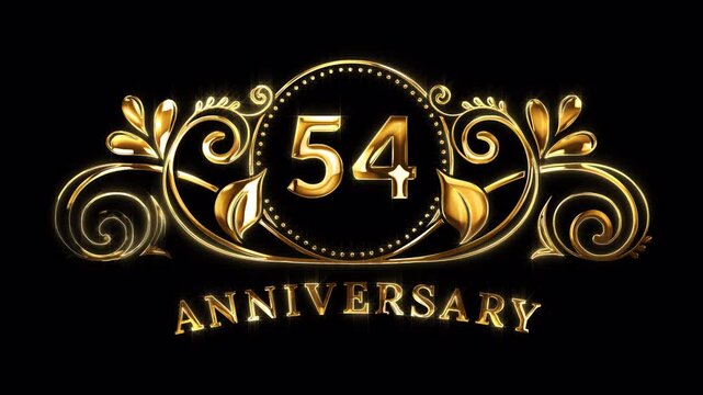 54th Anniversary Celebration. Happy 54 Years Anniversary Animation in Gold Color on the Transparent Background, Alpha Channel. Great for greetings, celebrations, events, and gifts.