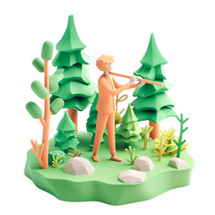 Fototapeta premium 3D Illustration of Person Playing Flute in Lush Green Forest Surrounded by Trees and Nature PNG Graphic Element Design Resource