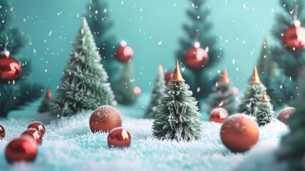 Obraz premium Miniature Christmas trees and ornaments arranged in a whimsical, snowy landscape, capturing the festive spirit and joy of the holiday season.