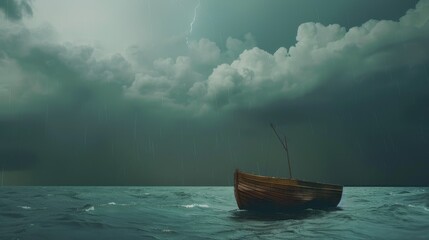 A lone wooden boat floats on a tranquil sea, beneath ominous storm clouds and flashes of lightning, capturing a haunting solitude.