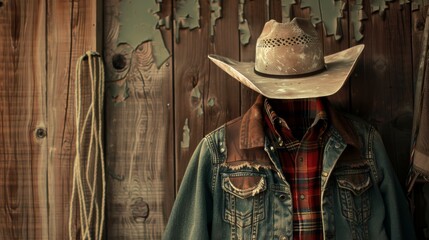 Cowboy attire, including a hat and denim jacket, hangs on a rustic wooden wall, evoking the rugged charm and simplicity of the countryside lifestyle.