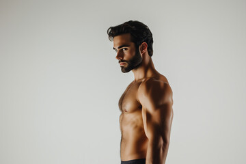 Fototapeta premium Handsome Young Man with Defined Physique and Beard in Black Boxer Briefs, Side Profile