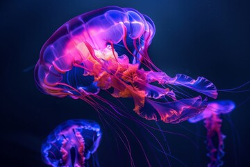 Vibrant digital rendering of jellyfish floating in a neon-infused sea. Beautiful simple AI generated image in 4K, unique.