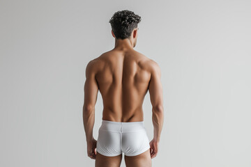 Fototapeta premium Athletic Young Man in White Boxer Briefs Showing Back Muscles, Studio Fitness Shot