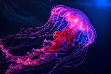 Against the backdrop of the pitch-black night sky, an ethereal jellyfish glows in a vibrant orange hue as it drifts. . Beautiful simple AI generated image in 4K, unique.