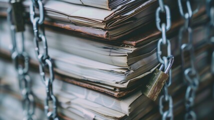 Piles of paperwork bound by chains and padlocks, symbolizing restriction, security, and the burden of bureaucracy.
