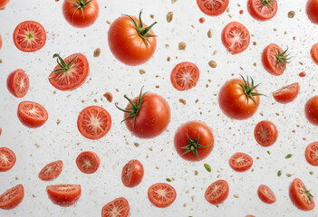 red tomatoes flying through the air on white background 