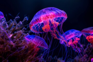 Fototapeta premium In pink and orange color, small flying woman-jellyfish on transparent background. Generative AI.. Beautiful simple AI generated image in 4K, unique.
