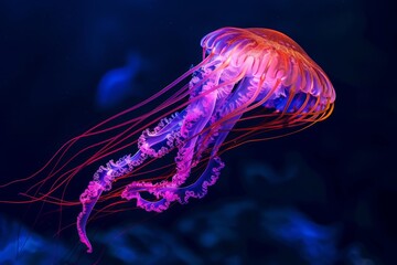 Obraz premium Against the backdrop of the pitch-black night sky, an ethereal jellyfish glows in a vibrant orange hue as it drifts. . Beautiful simple AI generated image in 4K, unique.