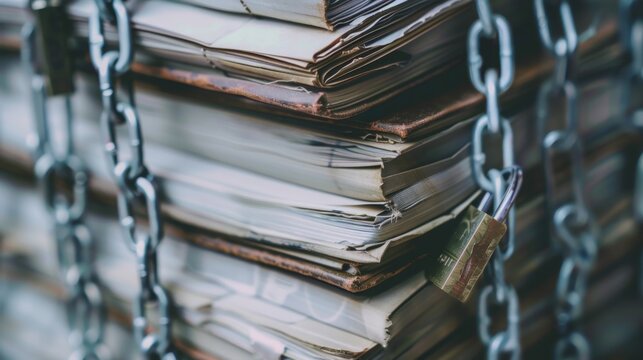 Piles of paperwork bound by chains and padlocks, symbolizing restriction, security, and the burden of bureaucracy.
