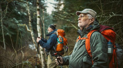 Fototapeta premium Two older hikers equipped with backpacks navigate the forest, their eyes scanning the serene winter landscape, exuding a sense of adventure and camaraderie.
