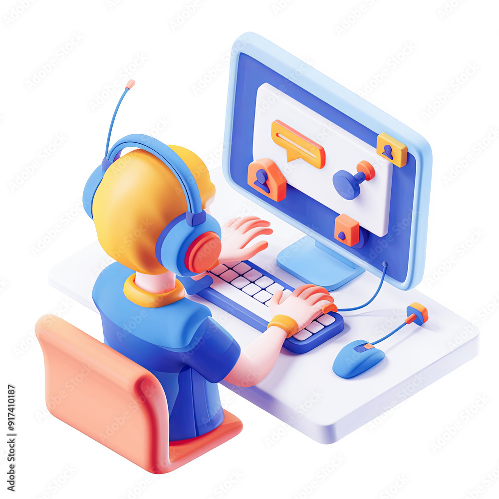 Wall mural 3d render of person with headset at computer using online communication platform with chat bubbles a
