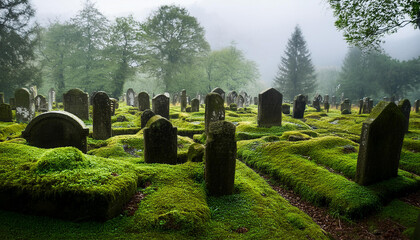 Naklejka premium Misty forest with moss on grave stone and trees in serene and magical landscape. Ancient cemetery