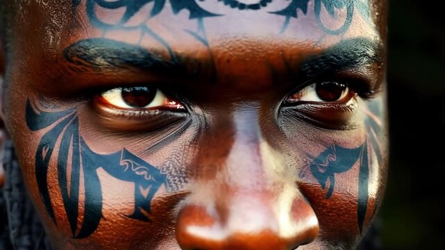 The intricate patterns of a Maori warriors facial tattoos are depicted with stunning clarity revealing the significance and cultural pride embedded in each design.