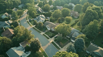 Aerial view of a picturesque suburban neighborhood with lush green trees and well-maintained houses, epitomizing peaceful residential living.