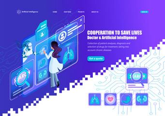 Landing page Isometric. Female doctor makes a request to Artificial Intelligence. Searches for a patient card on a mobile phone