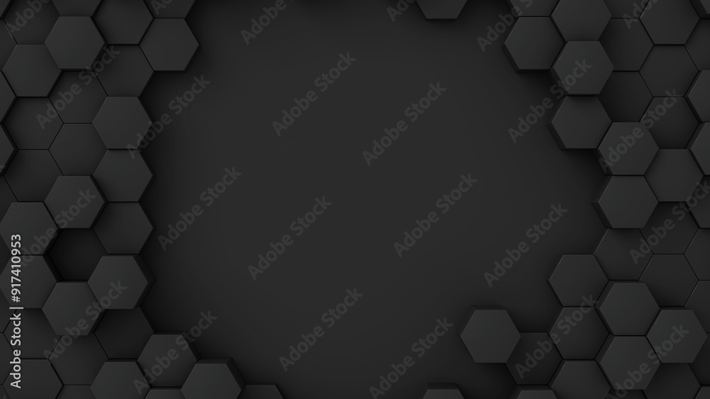 Poster black hexagons with random size on dark backdrop. a place for text in the center hole. abstract 3d r