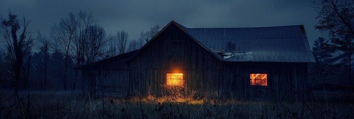 Spooky barn with a lit window at nighttime