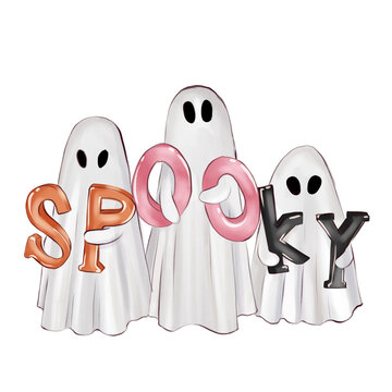 Halloween illustration - hand drawn illustration - group of three cute ghosts holding together SPOOKY signs and letters