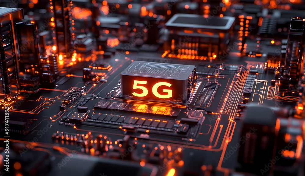 Poster circuit board details with a prominent 5g icon, representing advanced technology embedded in the cor