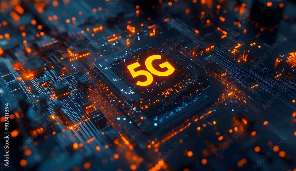 Poster circuit board details with a prominent 5g icon, representing advanced technology embedded in the cor