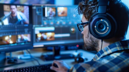 Fototapeta premium A focused man wearing headphones works at a multi-screen setup, editing videos, immersed in a dimly lit, tech-savvy workspace.
