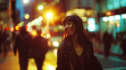 Fototapeta premium A joyful lady walking through a city street at night, illuminated by bokeh lights, with a sense of freedom and excitement captured in her smile.