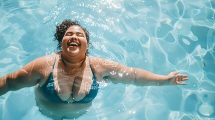 A delighted person swims joyfully under the sun, capturing the essence of summer fun, freedom, and refreshment in a pool.