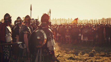 A grand assembly of Roman soldiers in full gear, gathered in a sunlit field with a rich historical backdrop, ready for an epic battle.