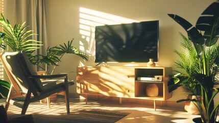 Fototapeta premium A cozy, sunlit living room with lots of green plants, wooden furniture, and a TV unit, casting warm shadows on the wall.