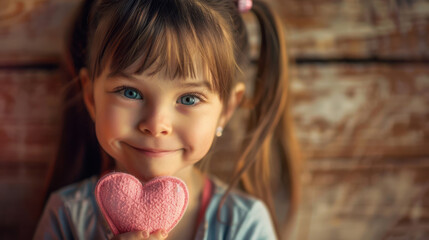 A photograph of a young girl holding a pink heart, smiling, pigtails, close-up view