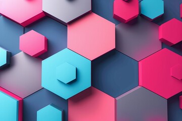 Colorful abstract background with hexagon shapes, blue pink and grey colors