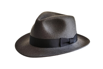 Classic gray fedora hat with black band, cut out - stock png.